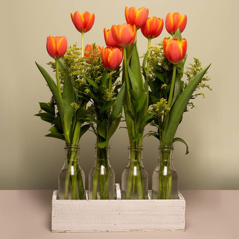 Rejilla de madera con 8 tulipanes en 4 botellita de Vidrio. A domicilio en CDMX. 