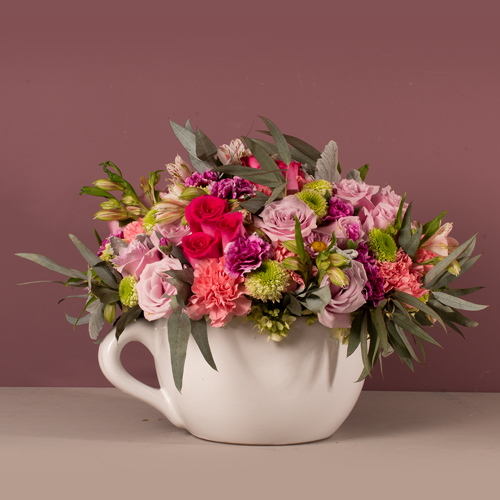 Taza de Cerámica esmaltada Gigante multifloral con 36 rosas lila, rosa y fucsia a domicilio en CDMX